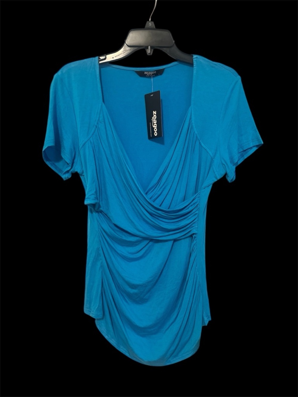 zeagoo Teal Blue Draped V-Neck Ruched Short Sleeve Top